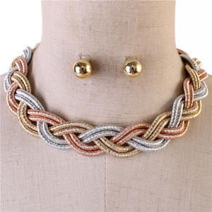 Tri Tone Braidded Cord Necklace Earring Set